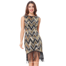 Belle Poque Retro Vintage Zwanzigerjahre Stil Sequined Tasseled Chevron Hüften-Wrapped Bodycon Bleistift Kleid BP000276-1